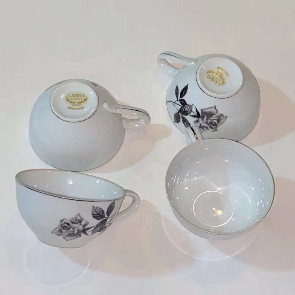 Laurel China & Japan Grey  Rose Chic White Teacups with Black Floral Design Set4